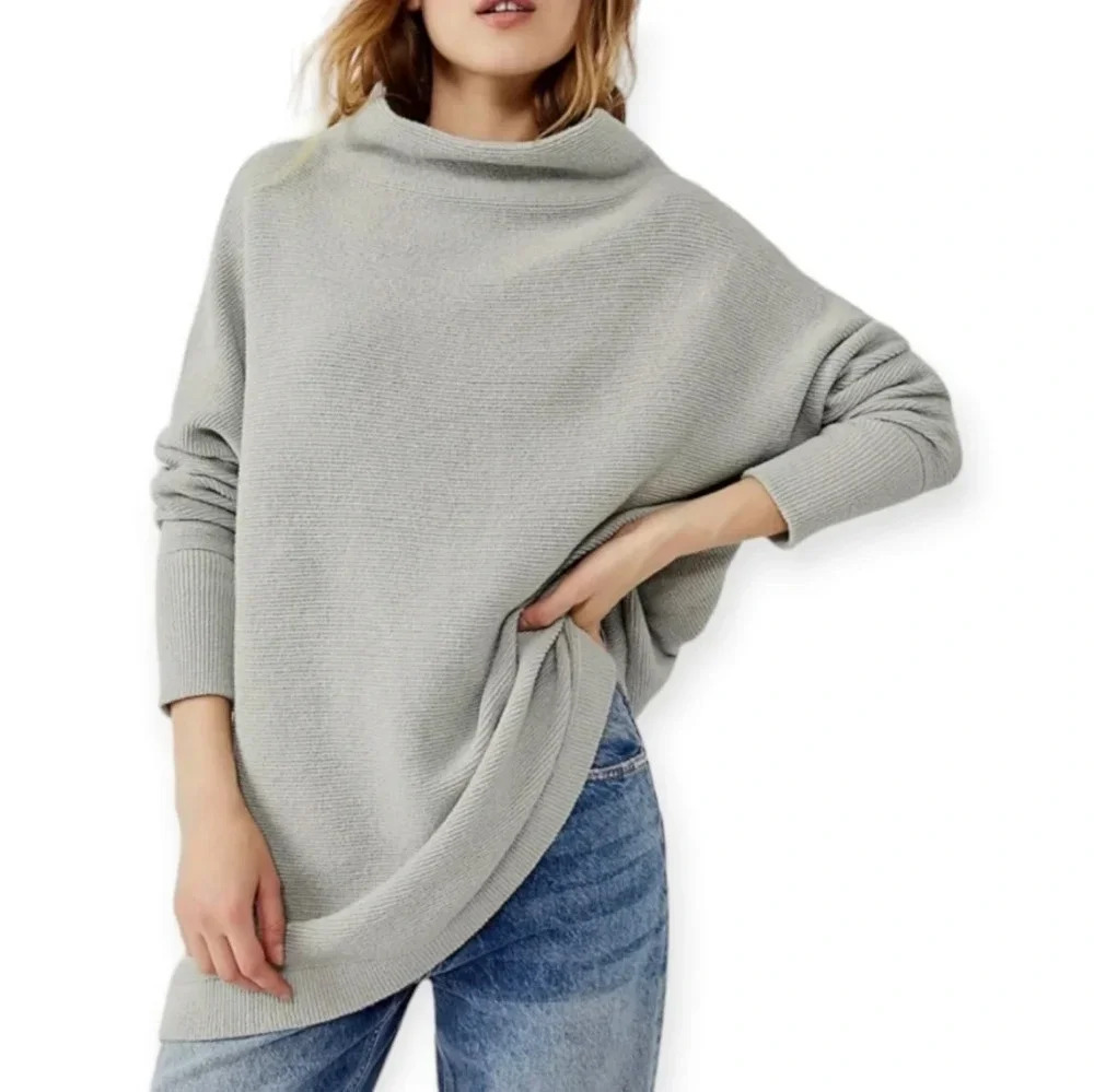 Free People Ottoman Slouchy Tunic Sweater Ribbed Knit in Gray Oversize XS